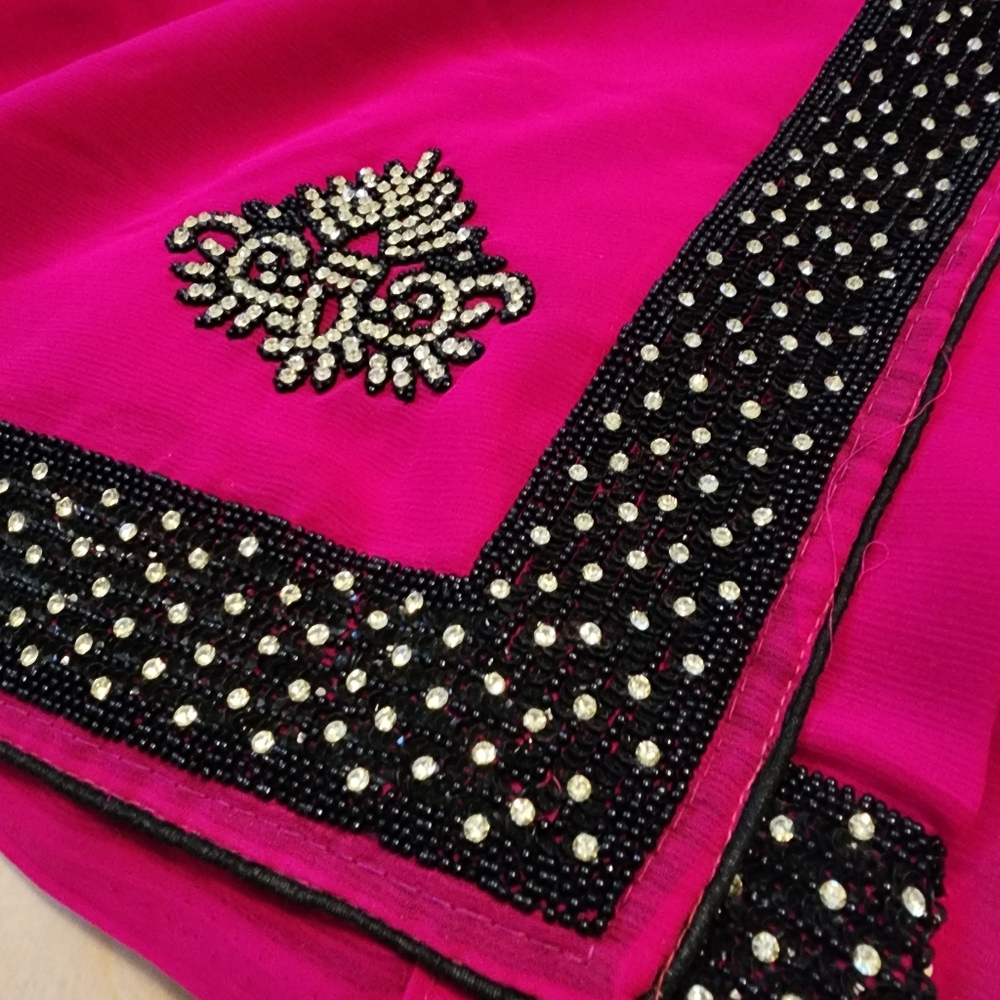 Hot Pink and Black Saree with Gemstone Border - Blouse Size Small